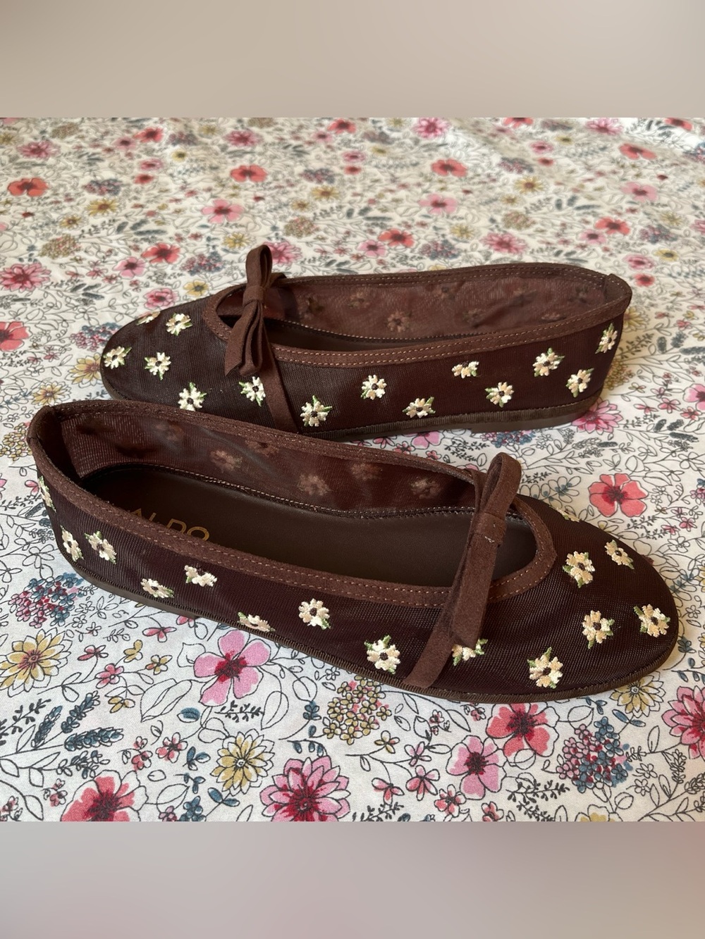 ALDO Brown Floral Embroidered Bow Ballet Flats